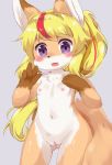  2018 4_fingers anthro areola blonde_hair blush breasts brown_fur canine countershading cub eigetsu female fox front_view fur gloves_(marking) hair highlights inner_ear_fluff long_hair looking_at_viewer mammal markings multicolored_fur navel nipples nude open_mouth orange_fur pink_areola pink_nipples ponytail portrait purple_eyes pussy red_highlights simple_background small_breasts standing three-quarter_portrait v_sign white_fur young 