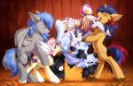  2018 bat_pony bat_wings blush cum cum_in_mouth cum_inside cutie_mark digital_media_(artwork) equine eyes_closed fan_character female feral fur group group_sex hay hay_bale hioshiru horn male male/female mammal membranous_wings my_little_pony open_mouth oral penis pussy sex tongue tongue_out unicorn wings 