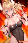  &gt;:) adapted_costume armlet artist_name bare_shoulders black_leotard blonde_hair blue_eyes blush bowsette bracelet breasts claw_pose cleavage closed_mouth collar collarbone commentary_request covered_navel crown dutch_angle earrings fangs fangs_out fingernails fire gem highleg highleg_leotard horns jewelry large_breasts leotard long_fingernails long_hair mario_(series) nail_polish new_super_mario_bros._u_deluxe pink_lips pointy_ears ponytail shiny shiny_skin sidelocks smile solo spiked_armlet spiked_bracelet spiked_collar spiked_shell spiked_tail spikes strapless strapless_leotard super_crown tail turtle_shell v-shaped_eyebrows xayux 