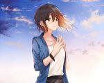  bad_hand blue_jacket blue_sky blush breasts brown_eyes brown_hair cloud collarbone day earrings fingers_together jacket jewelry necklace original outdoors shirt short_hair sky small_breasts tamatabe watch white_shirt wristwatch 