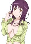  1girl artist_request breasts brown_eyes cleavage itsuwa jewelry large_breasts medium_breasts midriff necklace no_bra purple_hair short_hair simple_background solo to_aru_majutsu_no_index 