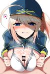  ahoge artoria_pendragon_(all) bar_censor baseball_cap bikini_top blonde_hair blue_hat blush breasts censored cum cum_on_body cum_on_breasts cum_on_upper_body ejaculation ejaculation_between_breasts eyebrows_visible_through_hair fate/grand_order fate_(series) hair_between_eyes hair_through_headwear han_(jackpot) hat heart large_breasts looking_at_viewer mysterious_heroine_xx_(foreigner) paizuri penis ponytail short_hair shrug_(clothing) simple_background smile solo_focus spoken_heart white_background white_bikini_top 