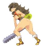  1girl ass bottomless brown_eyes brown_hair flat_chest horns huge_ass inkerton-kun kanabo oboro_muramasa oni simple_background smile solo thick_thighs thighs weapon white_background 