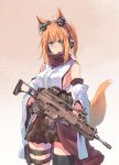  ahoge ammunition_pouch animal_ears aqua_eyes assault_rifle bangs bare_shoulders belt_pouch black_legwear black_scarf black_skirt breasts closed_mouth commentary_request cowboy_shot detached_sleeves eyebrows_visible_through_hair fox_ears fox_girl fox_tail g36 gloves gun hair_ribbon headgear headset hip_vent holding holding_gun holding_weapon japanese_clothes large_breasts leather leather_gloves long_sleeves looking_at_viewer medium_hair obi one_side_up orange_hair original pleated_skirt pouch ribbon rifle sash sawaya_(mizukazu) scarf simple_background single_thighhigh skirt solo tail thigh_pouch thigh_strap thighhighs tied_hair weapon wide_sleeves 