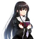  :| absurdres bangs black_dress black_hair blush book closed_mouth crossed_arms dress eyebrows_visible_through_hair highres holding holding_book long_hair long_sleeves looking_at_viewer original puffy_long_sleeves puffy_sleeves red_eyes simple_background tamatabe upper_body very_long_hair white_background 