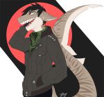  2018 anthro black_hair brown_eyes button_(disambiguation) clothed clothing digital_media_(artwork) discardingsabot embarrassed fish fully_clothed hair hand_in_pocket jacket leo-ravioleo male marine pockets sabot_sauer scalie scar scarf shark shemagh simple_background smile solo teeth tiger_shark 