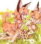  animal_ear_fluff animal_ears bare_shoulders blonde_hair blue_eyes bow bowtie caracal_(kemono_friends) caracal_ears caracal_tail commentary elbow_gloves eyebrows_visible_through_hair fang gloves high-waist_skirt highres kemono_friends kneeling kolshica light_brown_hair multicolored_hair multiple_girls no_shoes open_mouth paw_pose serval_(kemono_friends) serval_ears serval_print serval_tail short_hair sitting skirt sleeveless tail thighhighs white_hair yellow_eyes zettai_ryouiki 