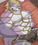  abs anthro bdsm bed bondage bound bulge clothing ear_piercing eyebrows fangs fenrir_(housamo) gag lying male mohawk muscular muscular_male navel nipples on_back pecs piercing rope rope_bondage rope_harness solo submissive_male tattoo thick_eyebrows tokyo_afterschool_summoners underwear ホワイトさん 
