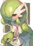  blush breasts collarbone female gardevoir glo-s-s green_hair hair hair_over_eye half-closed_eyes hi_res invalid_tag leaning leaning_forward looking_at_viewer nintendo nipples not_furry pok&eacute;mon pok&eacute;mon_(species) pseudo_clothing red_eyes short_hair small_breasts smile solo standing video_games 