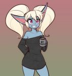  anthro beverage black_clothing blonde_hair blue_skin bottomless clothed clothing coffee cup digital_media_(artwork) english_text eyelashes female gradient_background grin hair hand_on_hip holding_cup holding_mug holding_object league_of_legends long_ears pigtails poppy_(lol) portrait purple_eyes raised_eyebrow riot_games scorpdk simple_background smile smoke solo standing sweater teeth text three-quarter_portrait video_games white_hair yordle 