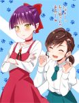  ^_^ blue_background blush brown_hair closed_eyes closed_mouth crossed_arms dress fang gegege_no_kitarou green_neckwear hair_ornament hair_ribbon hairclip inuyama_mana kisaragi_ichigo long_sleeves multiple_girls necktie nekomusume nekomusume_(gegege_no_kitarou_6) open_mouth pointy_ears purple_hair red_dress red_ribbon ribbon short_hair smile translation_request 