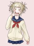  1girl bangs blonde_hair blood blue_skirt blunt_bangs boku_no_hero_academia cardigan double_bun fangs hair_bun messy_hair no_legs open_mouth pleated pleated_skirt school_uniform serafuku skirt solo toga_himiko yellow_eyes 