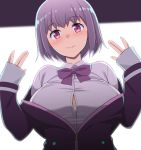  blush bow bra bra_peek breasts button_gap collared_shirt eyebrows_visible_through_hair honda_naoki jacket large_breasts lavender_hair long_sleeves looking_at_viewer open_clothes purple_bow purple_eyes purple_jacket shinjou_akane shirt short_hair sleeves_past_wrists solo ssss.gridman underwear upper_body white_shirt zipper_pull_tab 