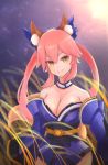  alnath animal_ear_fluff animal_ears blue_legwear breasts cleavage fate/grand_order fate_(series) fox_ears fox_girl fox_tail highres japanese_clothes large_breasts looking_at_viewer night outdoors pink_hair solo tail tamamo_(fate)_(all) tamamo_no_mae_(fate) yellow_eyes 