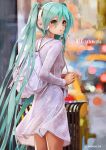 :o alternate_costume aqua_eyes aqua_hair backpack bag blurry blurry_background blush breasts car casual city commentary_request feet_out_of_frame from_behind ground_vehicle hair_between_eyes hair_tie hatsune_miku headphones highres long_hair long_sleeves looking_at_viewer looking_back medium_skirt motor_vehicle open_mouth outdoors see-through shirt skirt small_breasts solo standing takepon1123 trash_can twintails twitter_username very_long_hair vocaloid white_shirt white_skirt 