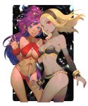  2girls bare_shoulders blonde_hair blue_eyes breasts dark_skin gravity_daze kitten_(gravity_daze) lingerie long_hair looking_at_viewer multiple_girls navel open_mouth ponytail purple_hair red_eyes salmon88 shantae_(character) shantae_(series) teeth thighs tongue underwear very_long_hair 