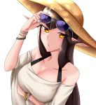  adjusting_eyewear alternate_costume arm_under_breasts black_bra black_hair bra bra_strap bracelet breasts casual cleavage collarbone commentary_request crimecrime eyewear_on_head fate/grand_order fate_(series) hat highres jewelry large_breasts long_hair off-shoulder_shirt pointy_ears semiramis_(fate) shirt short_sleeves solo sun_hat sunglasses underwear very_long_hair white_shirt wide_sleeves yellow_eyes 