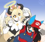  2018 5_fingers anthro blonde_hair blue_nose bowser bowsette_meme calico_cat canine cat clothed clothing cosplay digital_media_(artwork) duo feline female hair kittydee mammal mario mario_bros nintendo open_mouth simple_background super_crown teeth video_games 