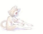  2018 ahoge anthro breasts cat clothing colored_sketch countershading dressing eyelashes eyes_closed feline female fur grey_fur grey_hair hair mammal nude open_mouth panties panties_around_one_leg short_hair side_view simple_background sitting solo spots spotted_fur tamanosuke tears teeth underwear underwear_around_one_leg white_background white_fur yawn 