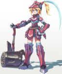  armor bangs blonde_hair blue_eyes full_body hair_between_eyes hammer hand_on_hip helmet hermitaur_(armor) huge_weapon monster_hunter plume red_armor simple_background skirt solo standing weapon white_background yuusuke_(5yusuke3) 