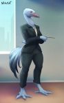  anthro avian beak bird bird_feet blue_crane cellina clothed clothing crane feathers female inside nawka red_eyes solo standing suit tail_feathers talons window 