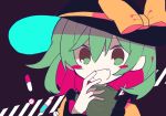  black_hat blouse blush_stickers bow fang flat_color frilled_sleeves frills green_eyes green_hair hand_on_own_face hat hat_bow hat_ribbon komeiji_koishi looking_at_viewer mamimu_(ko_cha_22) open_mouth pill ribbon smile subterranean_animism touhou wide_sleeves yellow_blouse 