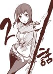  1girl belt blush breasts cleavage itsuwa large_breasts midriff monochrome navel nogi_yasuhito open_mouth pants polearm short_hair solo spear to_aru_majutsu_no_index weapon 