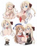 blonde_hair blue_eyes blush braid breast_press breasts breasts_outside brown_eyes brown_hair captain_zares condom hair_ornament hair_ribbon high_school_fleet highres large_breasts looking_at_viewer multiple_girls nipples no_bra nosa_kouko nude open_clothes open_mouth open_shirt ribbon simple_background smile sweat symmetrical_docking topless translation_request white_background wilhelmina_braunschweig_ingenohl_friedeburg yuri 
