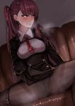  bangs black_legwear black_skirt blazer blush braid breasts breathing commentary_request covered_nipples crotch_seam eyebrows_visible_through_hair framed_breasts french_braid girls_frontline gloves hair_ribbon half-closed_eyes half_updo high-waist_skirt highres indoors jacket katagiri_ags large_breasts lifted_by_self long_hair looking_away lounge necktie one_side_up open_mouth panties panties_under_pantyhose pantyhose pelvic_curtain purple_hair red_eyes red_neckwear red_ribbon ribbon shirt sidelocks sitting skirt skirt_lift solo spread_legs thighband_pantyhose tsurime underwear very_long_hair wa2000_(girls_frontline) white_panties 