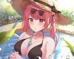  azur_lane bangs between_breasts bikini bikini_top black_bikini blush breasts cleavage eyebrows_visible_through_hair hair_between_eyes hat honolulu_(azur_lane) hose hose_between_breasts houraku large_breasts leaf looking_at_viewer plant pool red_eyes red_hair solo straw_hat sunglasses swimsuit twintails water wet wet_clothes wet_hair wet_swimsuit 