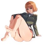  blonde_hair brave_witches breasts feet foot_worship green_eyes gundula_rall highres large_breasts military military_uniform purofu_hitsudoku sadism short_hair simple_background sitting smile soles strike_witches toes uniform world_witches_series 