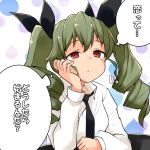  anchovy anzio_school_uniform bangs barashiya black_neckwear black_ribbon chin_rest commentary dress_shirt drill_hair elbow_rest eyebrows_visible_through_hair girls_und_panzer green_hair hair_ribbon half-closed_eyes highres light_frown long_hair long_sleeves necktie parted_lips red_eyes ribbon school_uniform shirt sitting solo translation_request twin_drills twintails upper_body white_shirt 