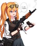  aks-74u assault_rifle blonde_hair blue_eyes blue_skirt bullet check_commentary commentary_request fingerless_gloves girls_frontline gloves gun headset highres kalina_(girls_frontline) korean load_bearing_vest long_hair magazine_(weapon) misfire_(weapon) narynn pleated_skirt rifle side_ponytail skirt solo speech_bubble translated trigger_discipline weapon 