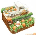  autumn autumn_leaves backwards_hat bear bicycle bird black_eyes blue_bow blue_neckwear blush bow bowtie day flatbed_truck ground_vehicle hat isometric looking_at_another looking_away lying motor_vehicle no_humans on_back orange_hat original outdoors penguin pumpkin scarf st.kuma standing truck twitter_username 