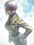  bangs commentary_request ghost_in_the_shell hair_between_eyes hand_on_hip highres jacket kaburagi_yasutaka kusanagi_motoko looking_at_viewer military military_uniform necktie purple_hair short_hair standing strap uniform 