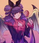  ana_rui animal_ears artist_name bat_ears candy closed_mouth commentary dragon_wings fake_animal_ears fang fire_emblem fire_emblem:_seima_no_kouseki fire_emblem_heroes food fur_trim halloween_costume highres lollipop long_hair long_sleeves mamkute multi-tied_hair myrrh purple_hair red_eyes simple_background solo twintails upper_body wings 