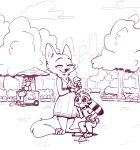  2018 anthro arctic_fox barefoot bench blush canine cervine claws clothed clothing cloud crouching dessert disney duo_focus ear_markings facial_markings feline female food fox fuel_(artist) fur_markings group hand_on_stomach holding_object ice_cream ice_cream_cone jack_savage lagomorph male mammal markings monochrome outside park pregnant rabbit red_and_white skye_(zootopia) smile standing toe_claws tree vendor zootopia 