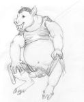  anthro arania balls big_penis clothing fangs feet male mammal monochrome open_mouth penis pig pointy_ears porcine sitting sketch solo torn_clothing transformation 