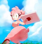  2018 ambiguous_fluids amy_rose anthro areola big_butt blush breasts butt clothing cloud eyelashes female fingerless_gloves gloves grass green_eyes hairband hedgehog higgyy holding_object looking_at_viewer mammal mostly_nude nipples outside pizza_box ponytail sky smile sneakers solo sonic_(series) thick_thighs 