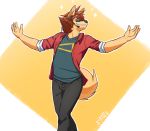  abstract_background anthro canine clothed clothing digital_media_(artwork) dog eyes_closed eyewear fully_clothed fur glasses grin hair looking_aside male mammal microphone orange_hair signature smile solo sparkles standing teeth yuguni yuguni_(character) 