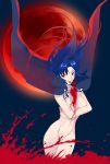  blood bloody_hands blue_background blue_hair breasts cape ciel cleavage elesia eyebrows_visible_through_hair full_moon groin highres legs long_hair looking_at_viewer moon naked_cape navel nude red_eyes red_moon thighs tongue tongue_out tsukihime type-moon 