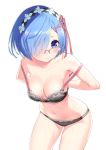  bespectacled black_bra black_legwear blue_eyes blue_hair blush bra breasts cleavage glasses hair_ornament hair_over_one_eye leaning_forward looking_at_map medium_breasts over-rim_eyewear panties re:zero_kara_hajimeru_isekai_seikatsu rem_(re:zero) semi-rimless_eyewear short_hair solo strap_gap strap_slip sweat underwear white_background x_hair_ornament yasuyuki 