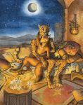  0laffson 2017 4_toes anthro canine cheetah coyote duo feline female fur male mammal night nude outside pawpads sky smile spots spotted_fur star starry_sky tan_fur toes traditional_media_(artwork) 