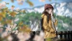  backpack bag blurry blurry_background blurry_foreground brown_hair cherry_blossoms commentary depth_of_field fence hat jacket long_hair low-tied_long_hair original outdoors pantyhose pantyhose_under_shorts shorts solo sweater tree_bowbow 