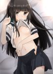  aoshima_sakana bangs black_hair blunt_bangs breasts brown_eyes commentary_request eyebrows_visible_through_hair hatsuyuki_(kantai_collection) hime_cut jewelry kantai_collection lifted_by_self long_hair lying navel nipples no_bra on_back pleated_skirt ring sailor_collar school_uniform serafuku shirt_lift skirt small_breasts solo wedding_band 