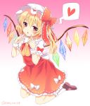  blonde_hair bow commentary_request eyebrows_visible_through_hair fingers_to_cheeks flandre_scarlet gradient gradient_background hat heart highres kneeling ramudia_(lamyun) red_bow red_eyes solo speech_bubble spoken_heart touhou twitter_username wings 