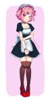  :/ alternate_costume animal_band_legwear apron bell blush brown_legwear cat_band_legwear collarbone commentary cryingrobot doki_doki_literature_club english_commentary enmaided eyebrows_visible_through_hair eyes_visible_through_hair frilled_apron frills full_body hair_ribbon high_heels highres jingle_bell looking_at_viewer maid maid_headdress natsuki_(doki_doki_literature_club) pink_background pink_eyes pink_hair puffy_short_sleeves puffy_sleeves red_footwear red_ribbon ribbon ribbon_trim shoes short_hair short_sleeves simple_background solo thighhighs two_side_up v-shaped_eyebrows waist_apron wrist_cuffs 