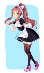 alternate_costume apron arm_behind_back blue_background breasts brown_hair brown_legwear cleavage commentary cryingrobot doki_doki_literature_club english_commentary enmaided eyebrows_visible_through_hair frilled_apron frills full_body green_eyes hair_ribbon high_heels highres leaning_forward long_hair looking_at_viewer maid maid_headdress monika_(doki_doki_literature_club) pink_footwear ponytail ribbon shoes sidelocks simple_background smile solo thighhighs very_long_hair waist_apron white_ribbon zettai_ryouiki 