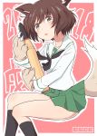  2018 :o akiyama_yukari animal_ears artist_name bangs black_legwear black_neckwear blouse blush brown_eyes brown_hair cbgb chinese_zodiac commentary dog_ears eyebrows_visible_through_hair girls_und_panzer gloves green_skirt head_tilt highres holding invisible_chair kemonomimi_mode kneehighs light_frown long_sleeves looking_at_viewer messy_hair miniskirt neckerchief ooarai_school_uniform open_mouth paw_gloves paws pleated_skirt school_uniform serafuku short_hair sitting skirt solo tank_shell white_blouse year_of_the_dog 