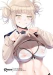  artist_name blonde_hair blush boku_no_hero_academia bra breasts closed_mouth clothes_lift covered_nipples double_bun lace lace-trimmed_bra lifted_by_self long_sleeves looking_at_viewer medium_breasts navel patreon_username pixiv_id reeze_(artist) school_uniform see-through serafuku smile solo sweater sweater_lift toga_himiko twitter_username underwear watermark white_background white_bra yellow_eyes 